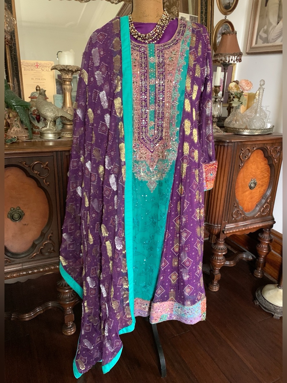 Vintage Dramatic Regal Exotic Theatrical Embroidered Beaded Gown / Shawl Set